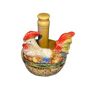 Ceramic Rooster Paper Towel Holder With Hand-Painted Details & Basket Design